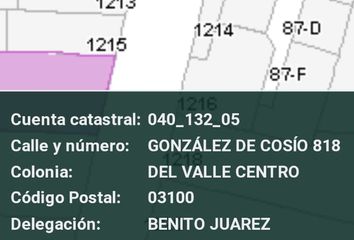 Lote de Terreno en  Agustín González De Cossío 818, Colonia Del Valle Centro, Ciudad De México, Cdmx, México